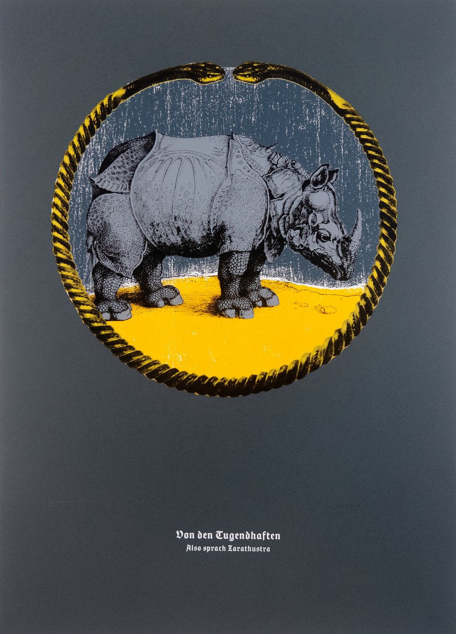 Om det dygdiga, Så talade Zarathustra, 2024 (träsnitt och silkscreen) av Guilherme Pontes