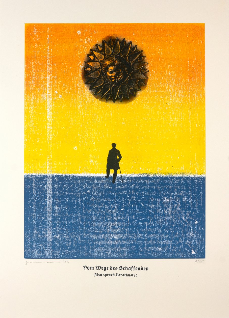 På skaparens väg, Så talade Zarathustra, 2024 (träsnitt och silkscreen) av Guilherme Pontes
