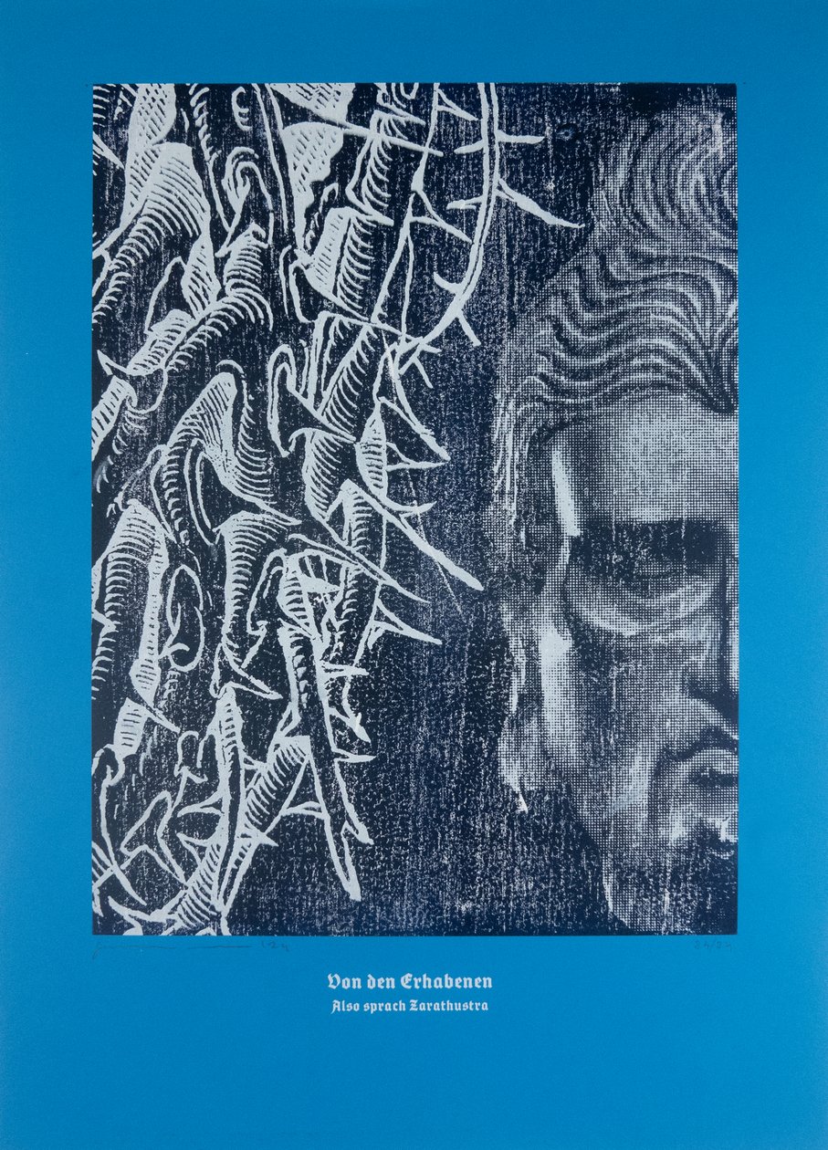 Om dem som är sublima, Så talade Zarathustra, 2024 (träsnitt och silkscreen) av Guilherme Pontes