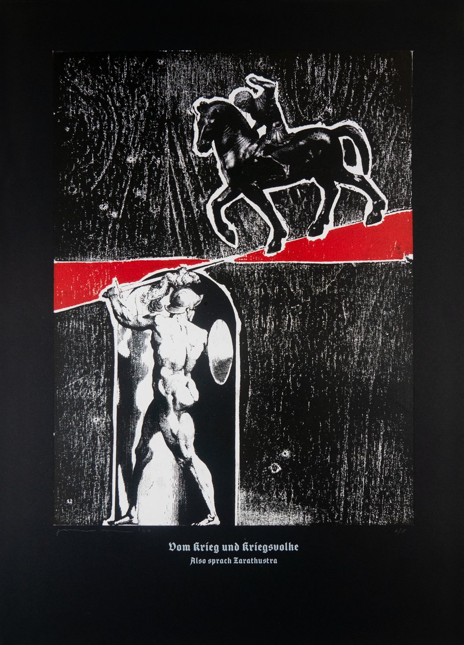 Om krig och krigare (svart), Så talade Zarathustra, 2024 (träsnitt och silkscreen) av Guilherme Pontes