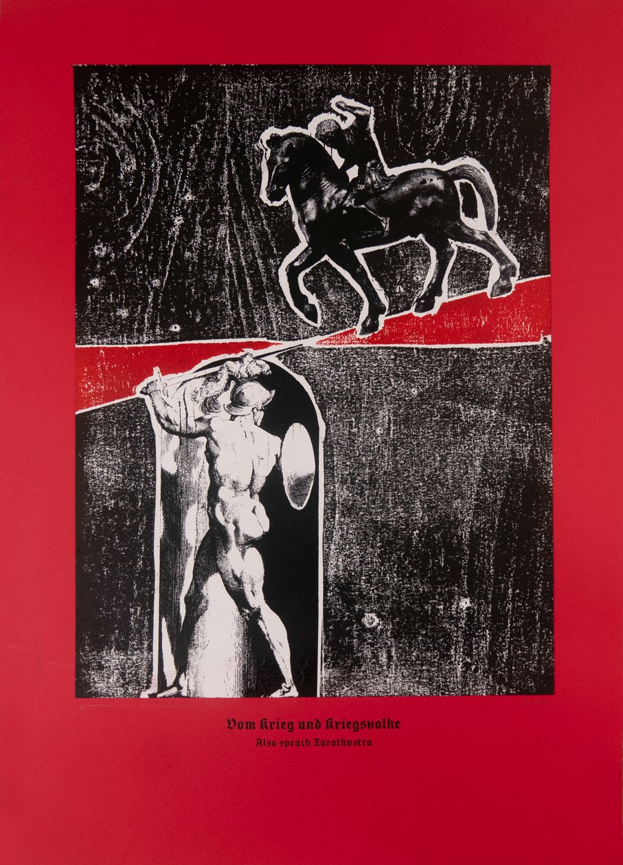 On War and Warriors (Red), Så talade Zarathustra, 2024 (träsnitt och silkscreen) av Guilherme Pontes