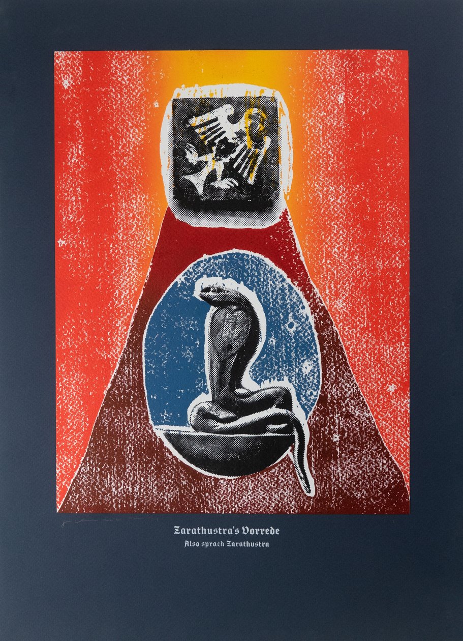Prolog, Thus Spoke Zarathustra, 2022 (träsnitt och silkscreen) av Guilherme Pontes