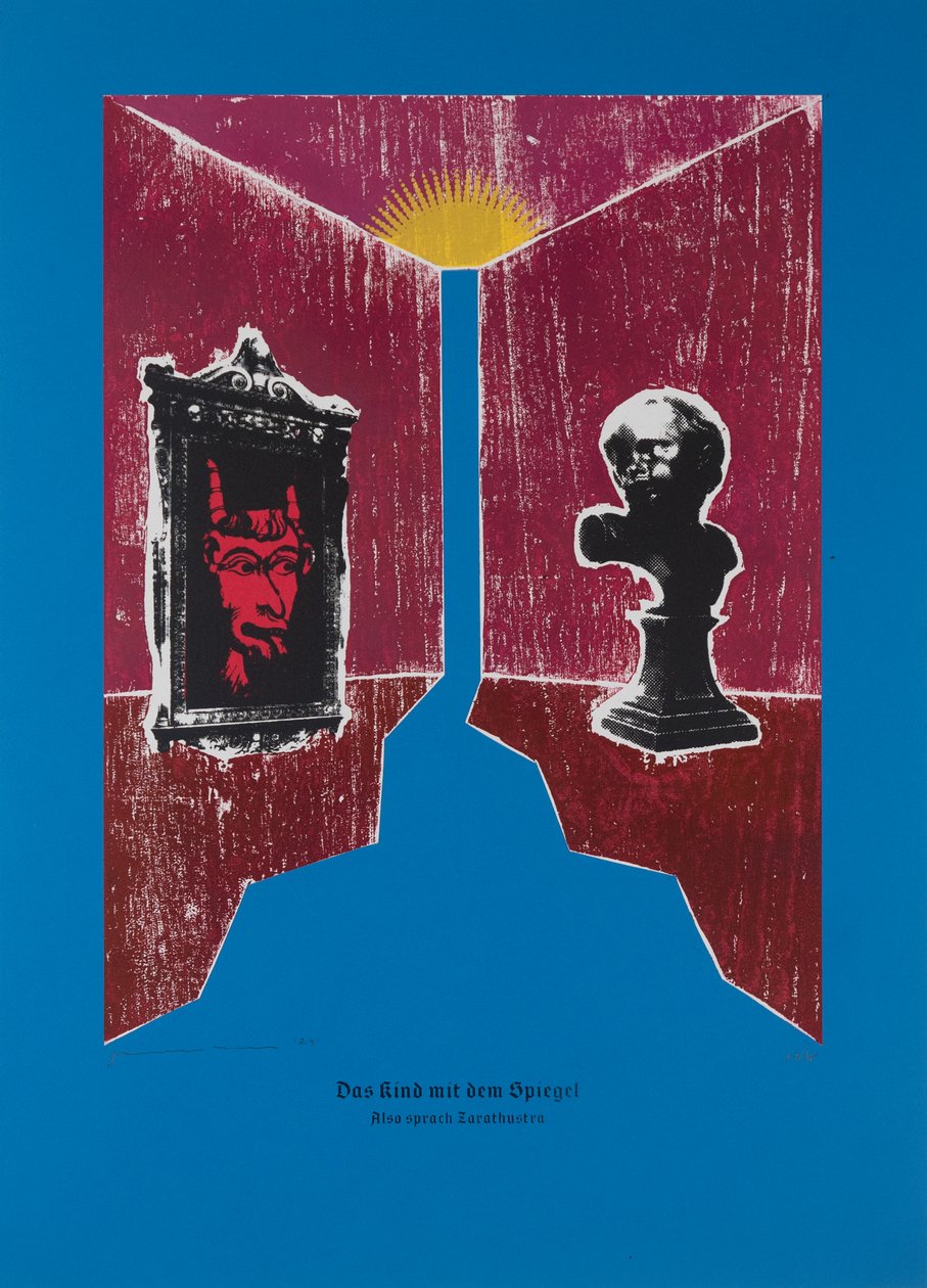 Barnet med spegeln, Så talade Zarathustra, 2024 (träsnitt och silkscreen) av Guilherme Pontes