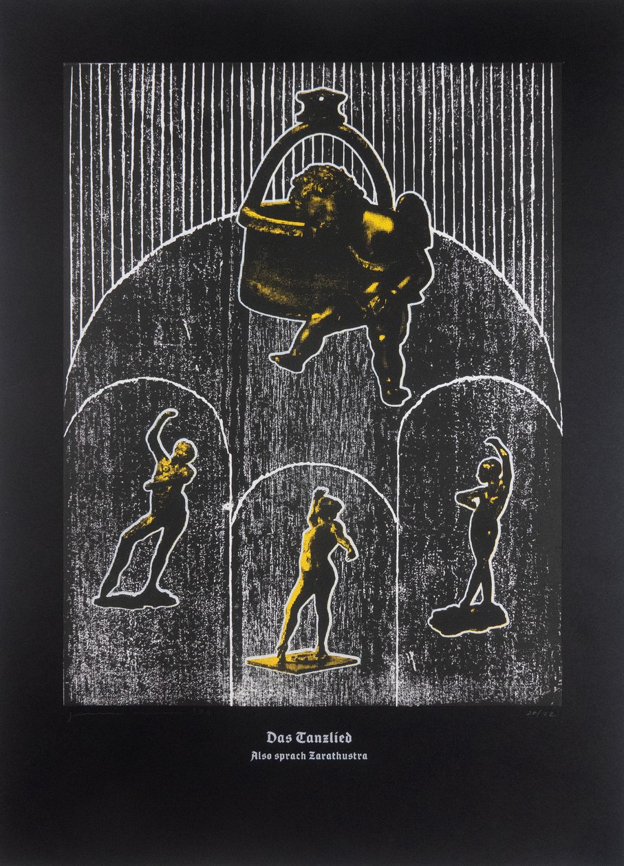 The Dancing Song, Så talade Zarathustra, 2024 (träsnitt och silkscreen) av Guilherme Pontes
