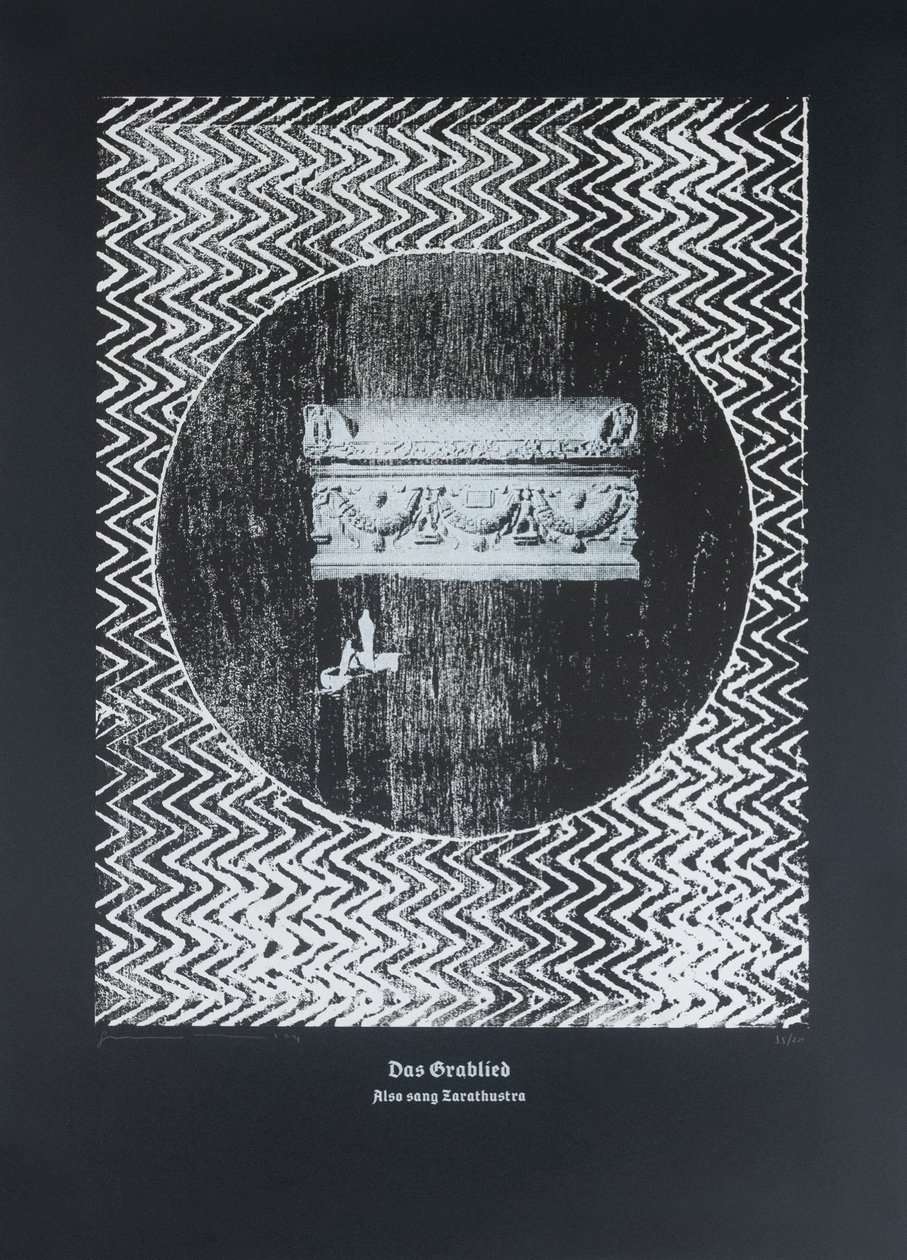 The Tomb Song, Thus Spoke Zarathustra, 2024 (träsnitt och silkscreen) av Guilherme Pontes
