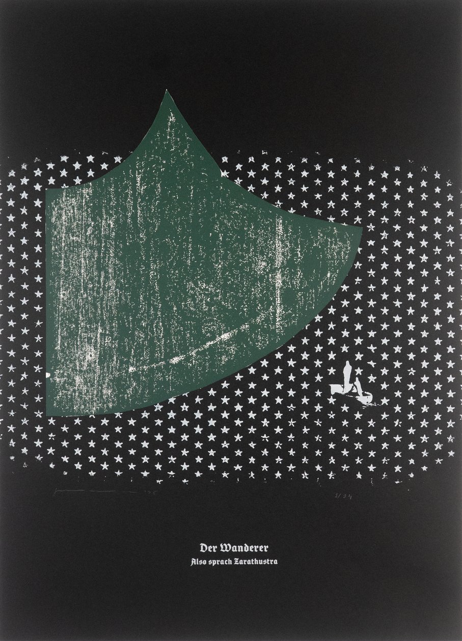 Vandraren,Så talade Zarathustra, 2025 (träsnitt och silkscreen) av Guilherme Pontes