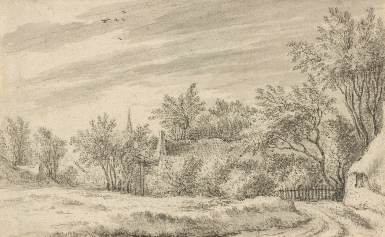 Byväg med kyrkspira i fjärran av Guillam Dubois