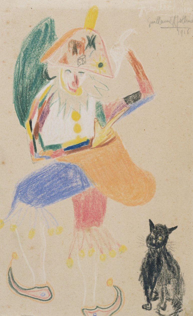 Clown i en tvåhörna med en katt, teckning tillägnad Andre Rouveyre, 1916 (färgad krita på papper) av Guillaume Apollinaire