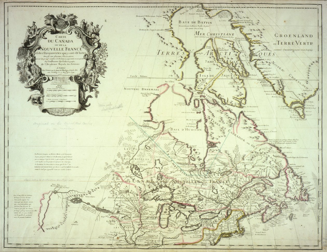 Karta över Kanada, publicerad Paris, 1703 (handfärgad gravyr) av Guillaume Delisle