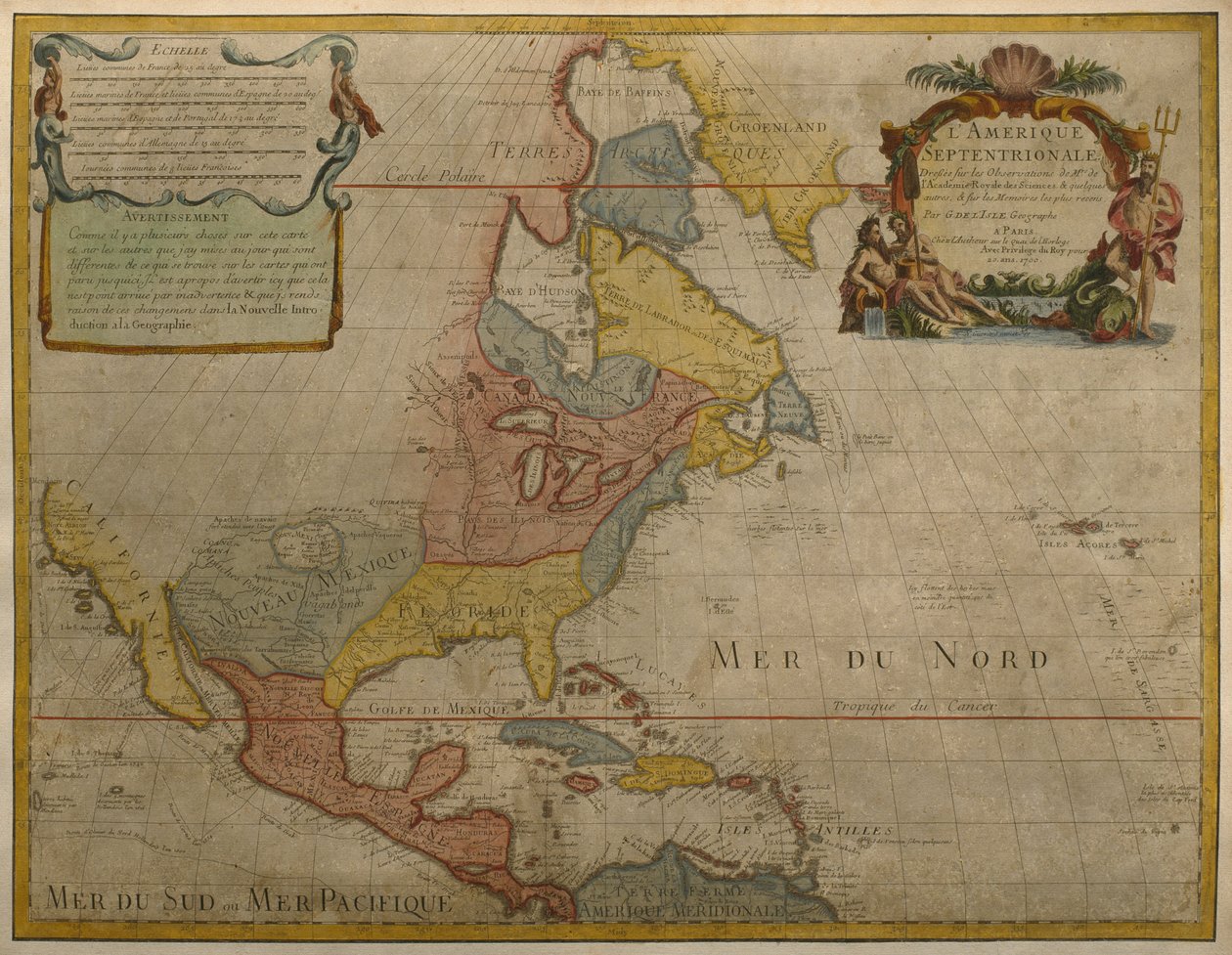 Karta över Central- och Nordamerika, publicerad 1700, Paris (färggravyr) av Guillaume Delisle