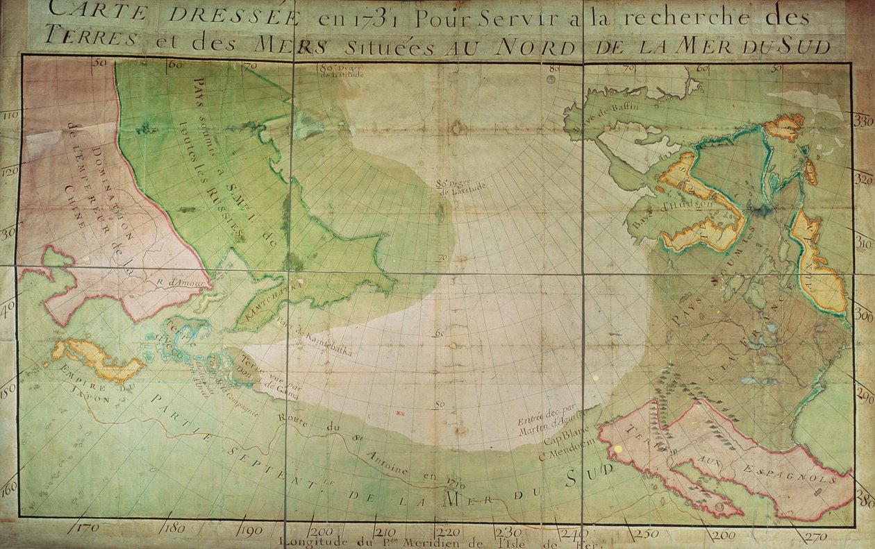 Karta över nya upptäckter i norra söderhavet, öster om Sibirien och väster om nya Frankrike, 1731 av Guillaume Delisle