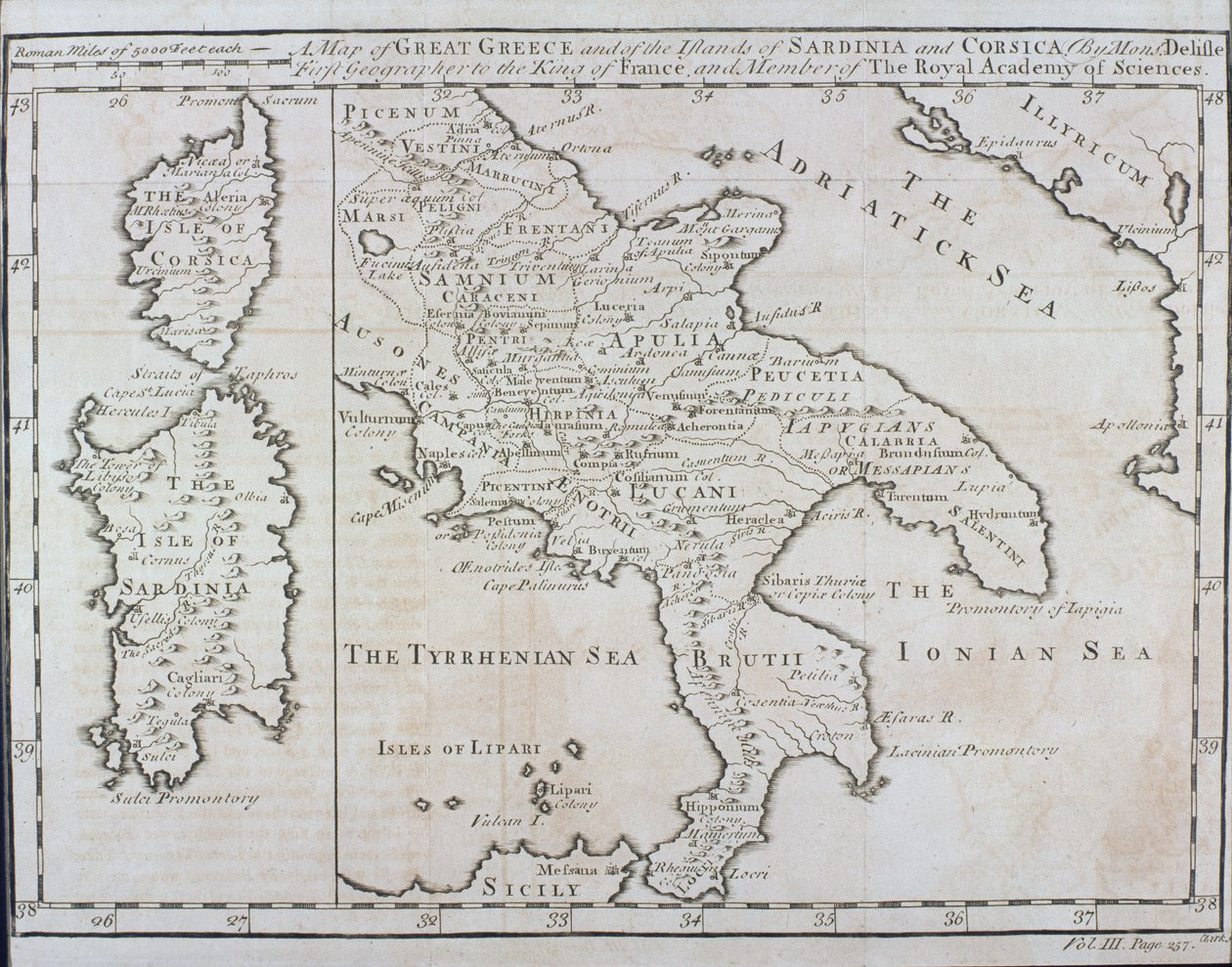 Karta över södra Italien, Korsika och Sardinien, som under antiken kallades Stora Grekland eller Magnia Graecia, tidigt 1700-tal av Guillaume Delisle