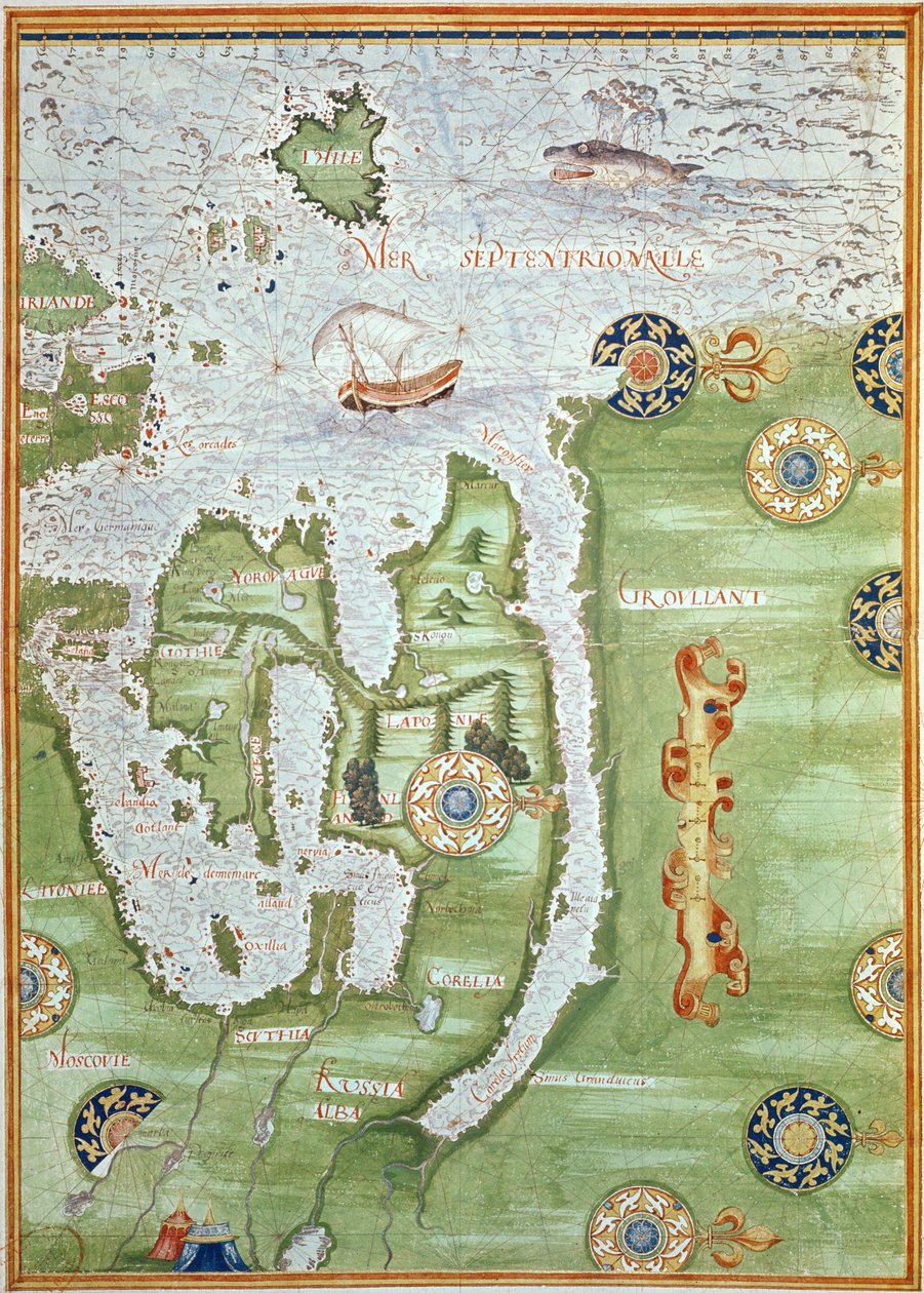 Fol.10v Karta över Skandinavien och norra Ryssland, från "Cosmographie Universelle", 1555 av Guillaume Le Testu