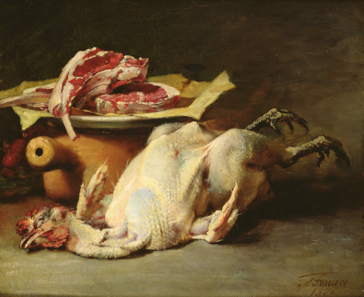 Stilleben av en kyckling och kotletter, 1876 av Guillaume Romain Fouace