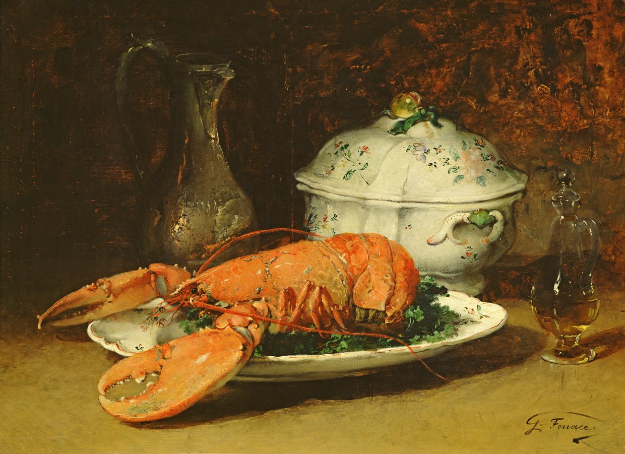 Stilleben med en hummer och en soppterrin av Guillaume Romain Fouace