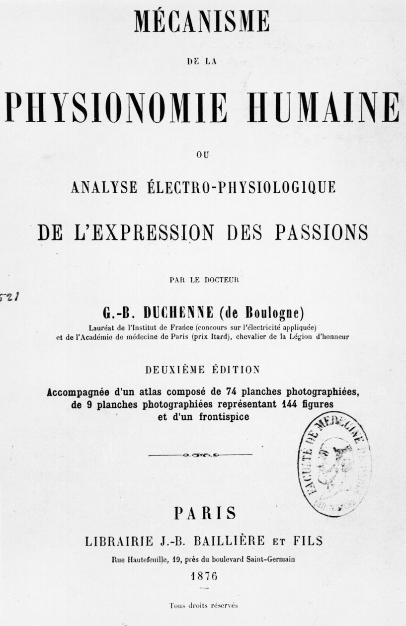 Titelsida för "Mekanism för mänsklig fysiognomi eller elektrofysiologisk analys av passioner" av Duchenne de Boulogne, publicerad 1876, Paris av Guillaume Benjamin Armand Duchenne de Boulogne