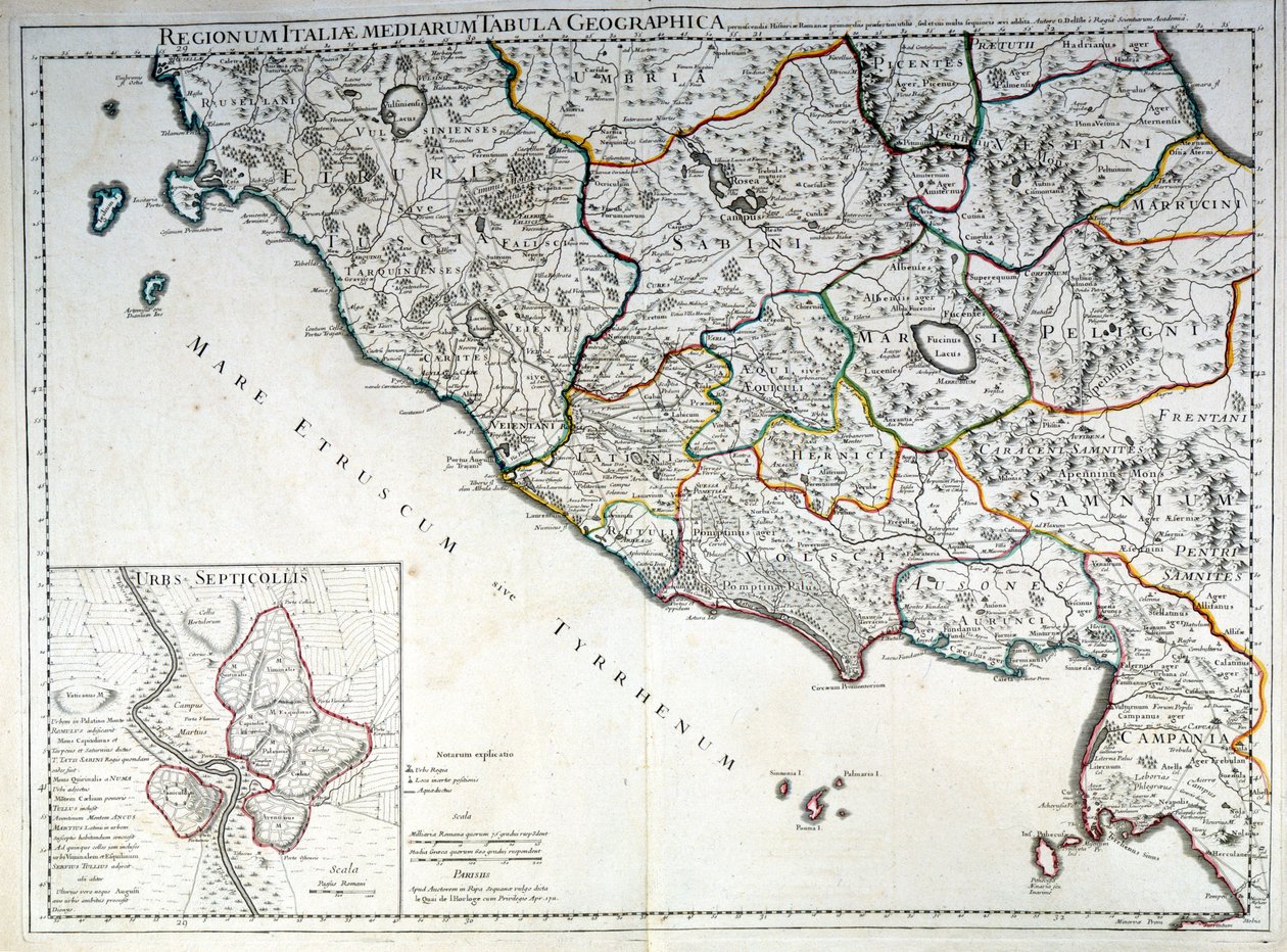 Historisk karta över den italienska regionen där etruskerna levde efter Atlas of G. Delysle av Guillaume (after) Delisle
