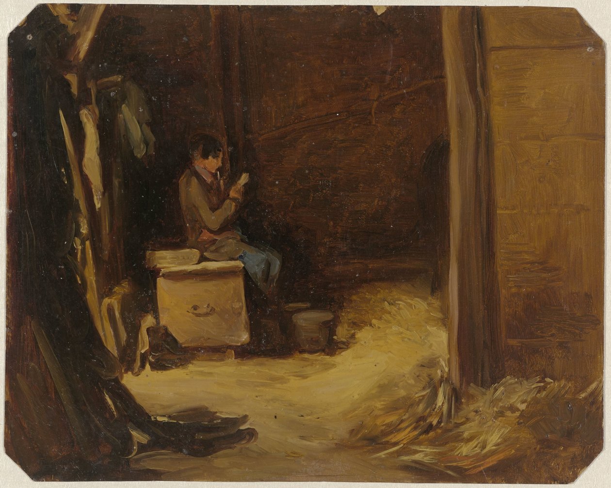 Pojke som läser bokstäver i ett stall av Guillaume Anne van der Brugghen