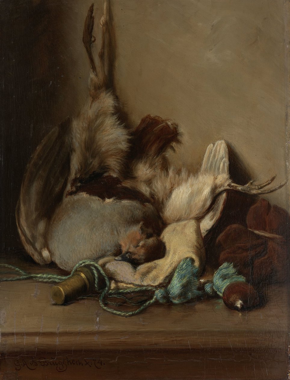 Stilleben med skogsduva och pulverhorn av Guillaume Anne van der Brugghen