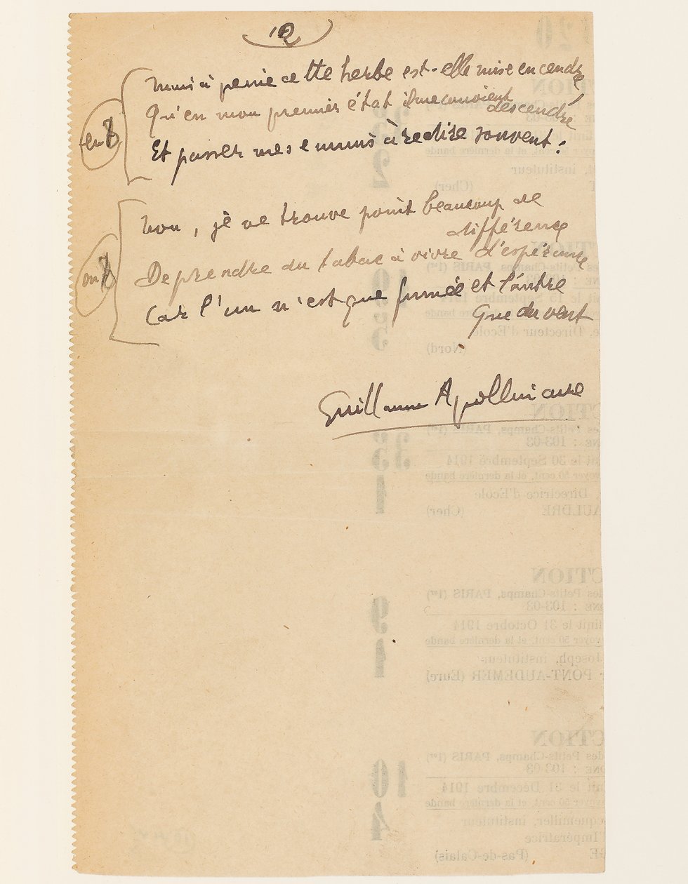 "Anekdotiskt liv. "Nationernas förbunds hymn". Tobak.", 15 augusti 1918 av Guillaume Apollinaire