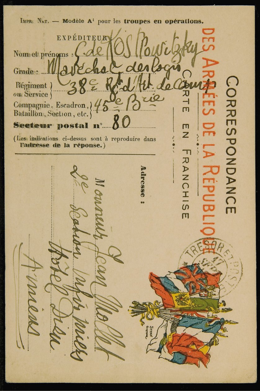 Autografvykort till Jean Mollet, daterat 16 september 1915 av Guillaume Apollinaire
