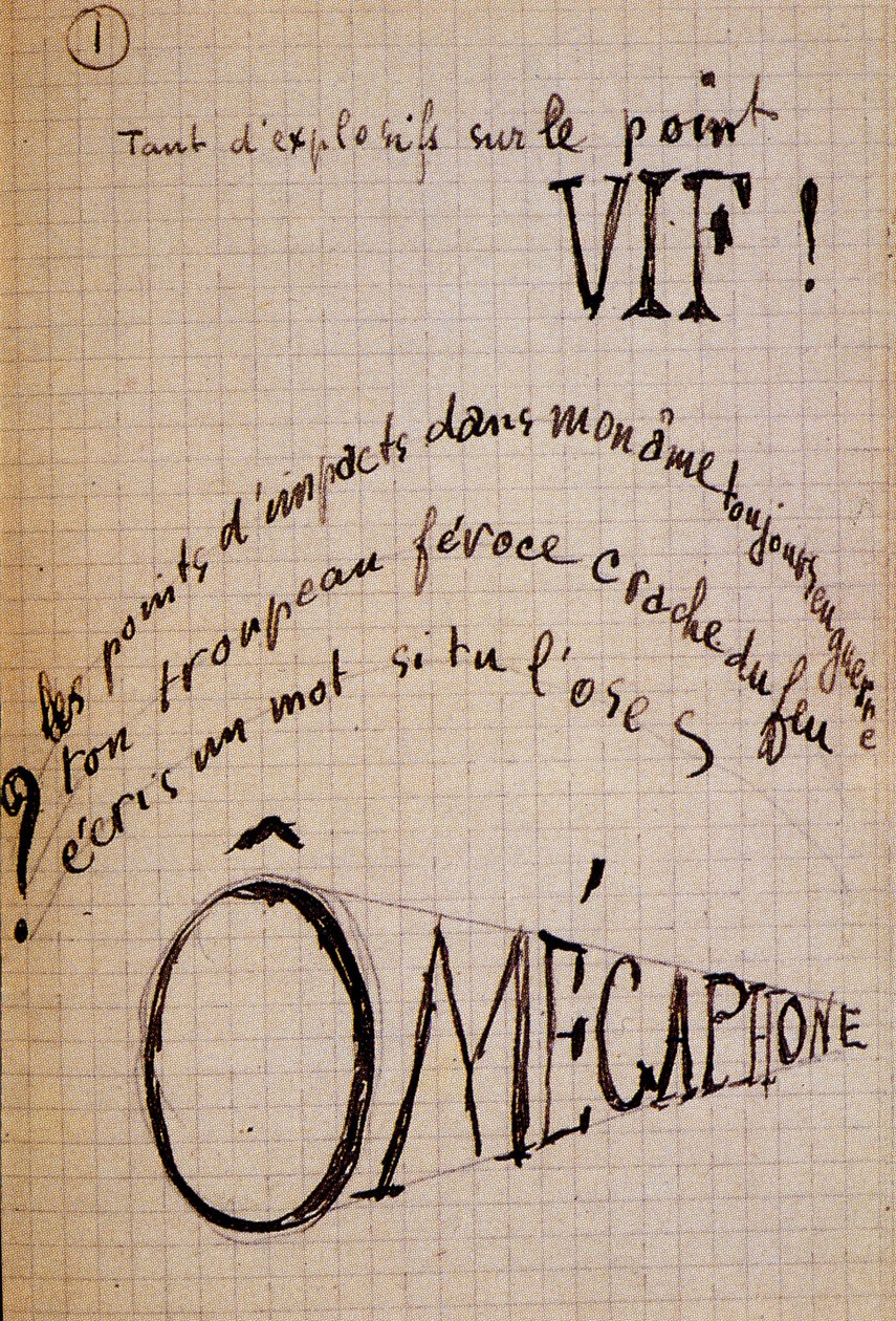 Calligram av Guillaume Apollinaire - i "Du coton dans les oreilles", autografiskt manuskript på 17 blad. av Guillaume Apollinaire