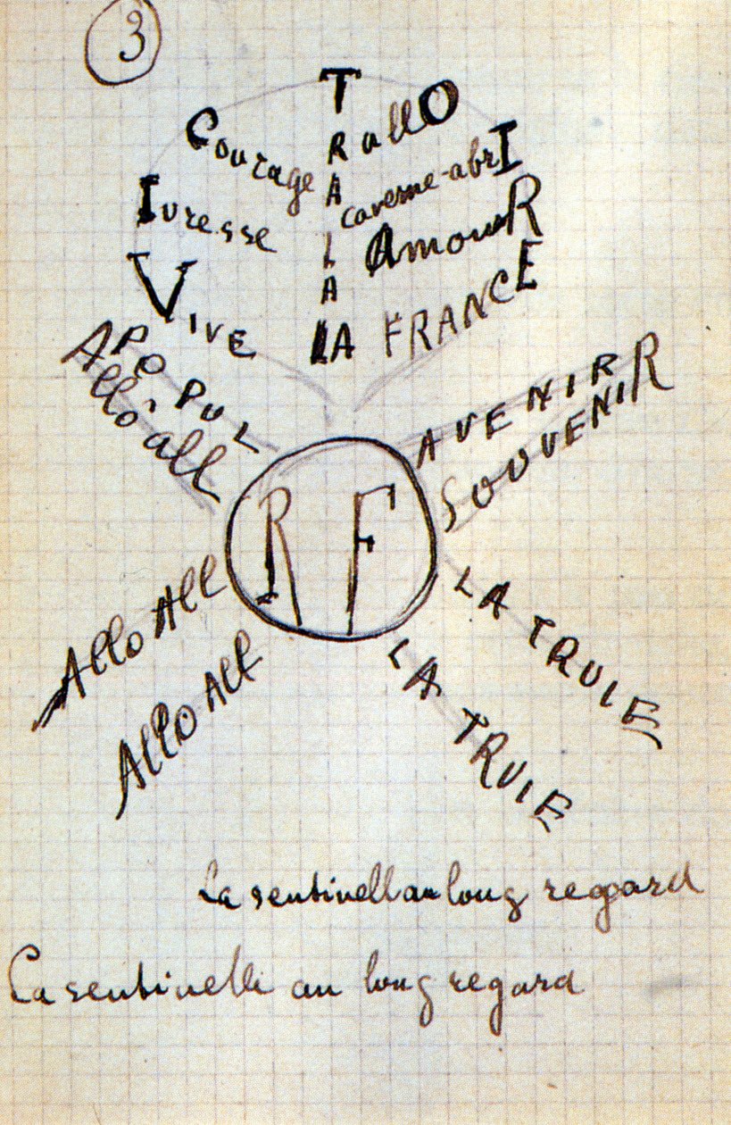 Calligram av Guillaume Apollinaire - i "" Bomull i öronen", autografmanuskript av 17 blad av Guillaume Apollinaire