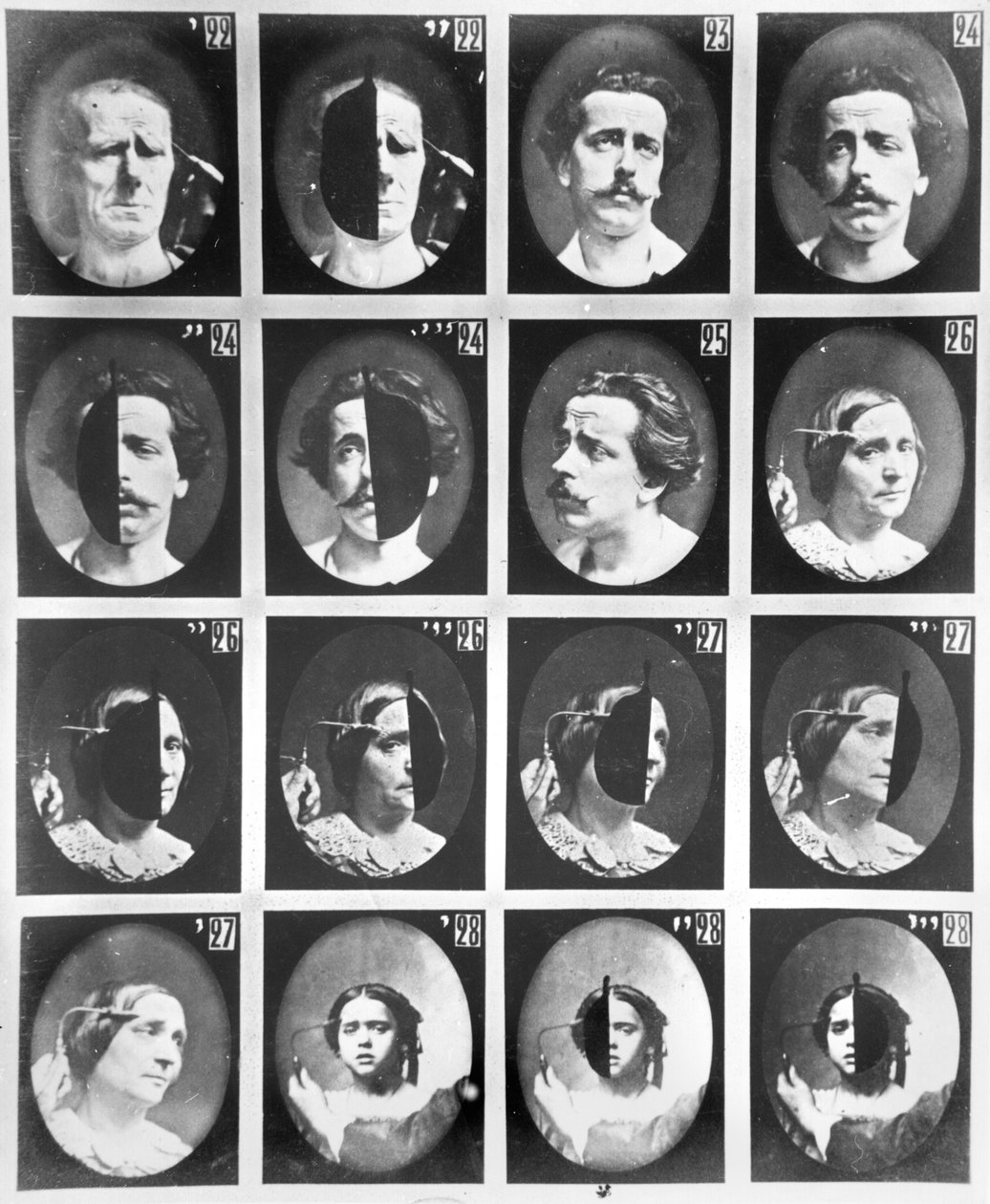 Fysionomiska studier, från 22 till 28, från "Mechanism of human physiognomy or electrophysiological analysis of passions" av Duchenne de Boulogne, publicerad 1876, Paris av Guillaume Benjamin Armand Duchenne de Boulogne