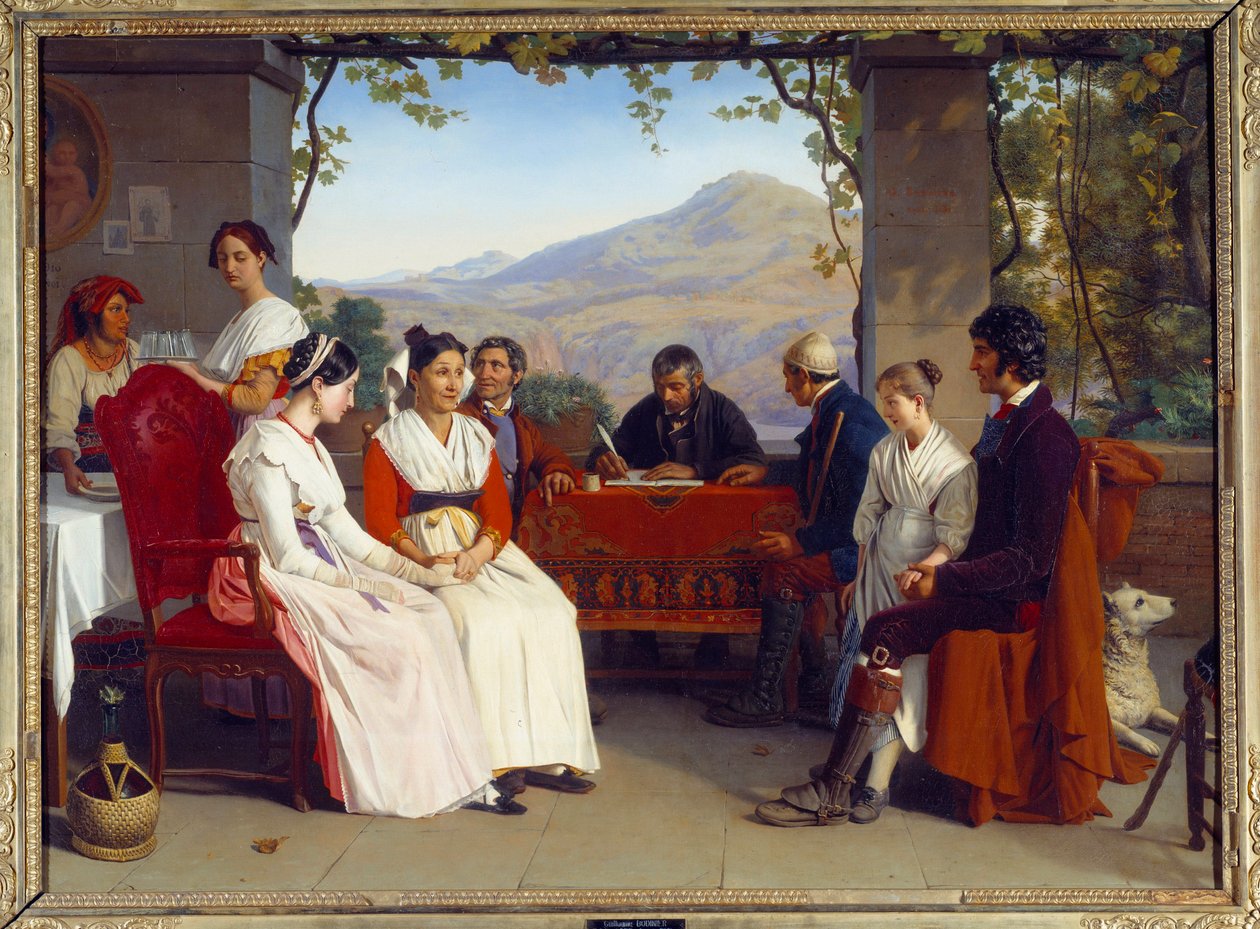 Italienska sällskapet: "" Äktenskapskontraktet i Italien 1831"" Målning av Guillaume Bodinier (1795-1872) 1831 Sön. 10x1,38 m av Guillaume Bodinier