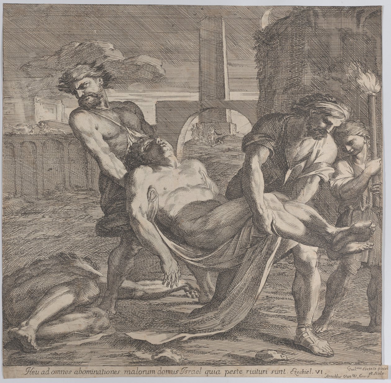 Abdon och Sennen bär de tidiga kristna martyrerna iväg för begravning, 1650-60. av Guillaume Courtois