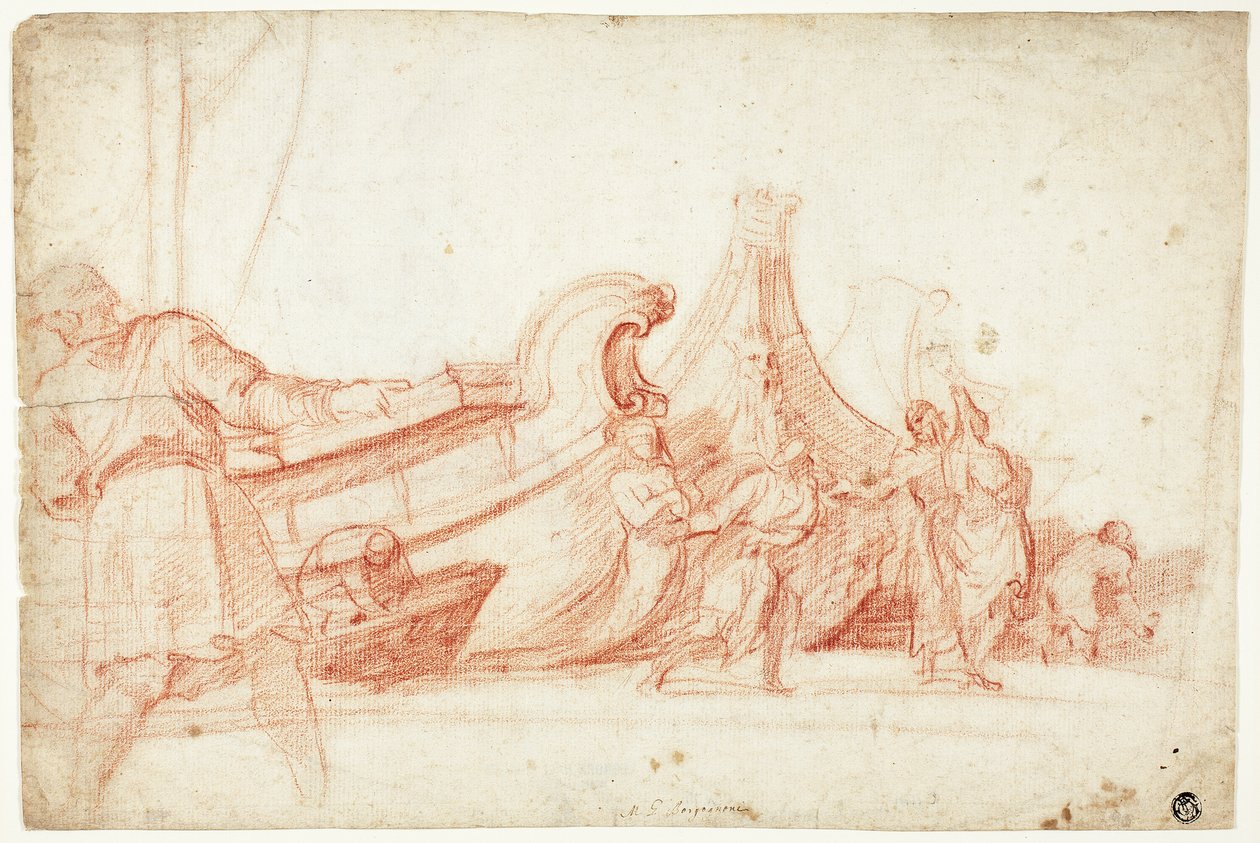 Dockscen (recto); Två skisser av mansfigurer (verso) av Guillaume Courtois