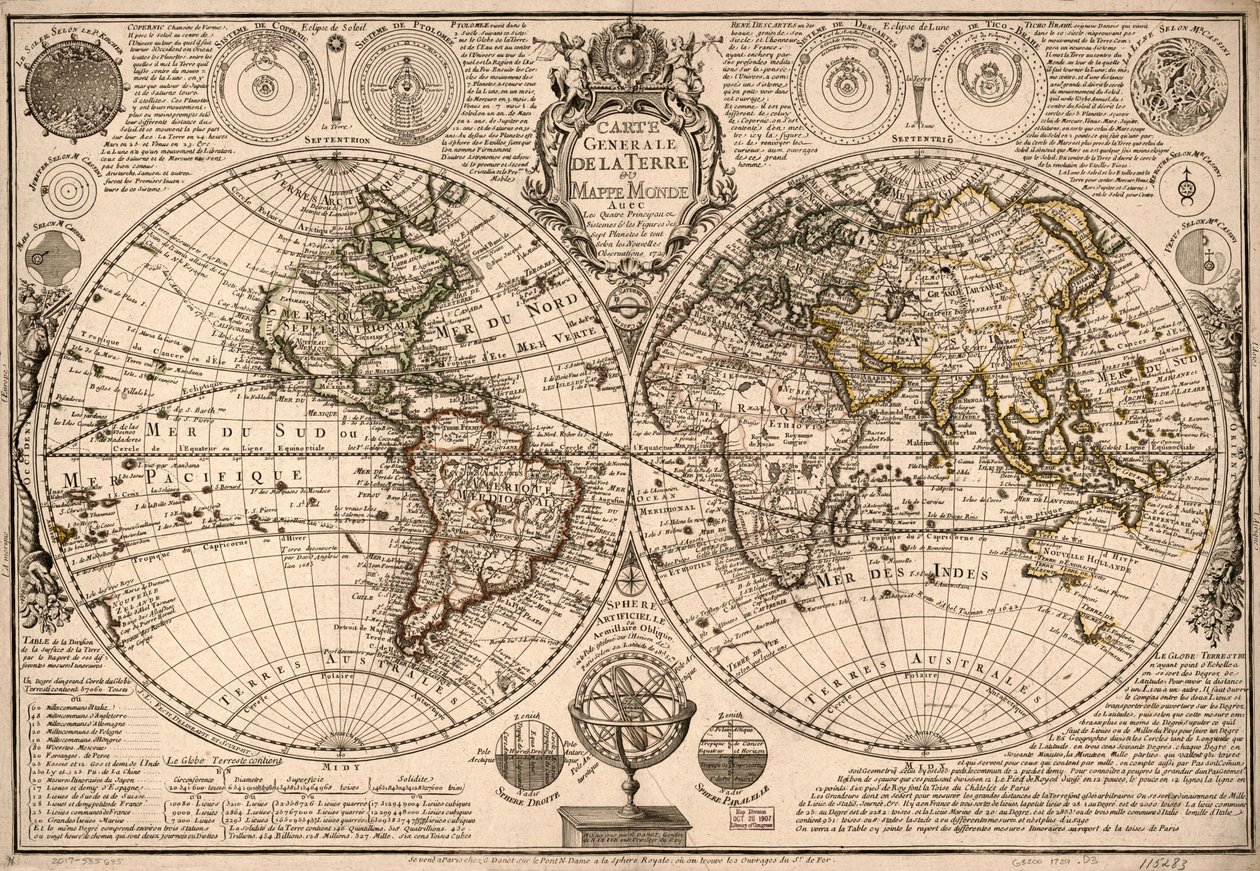 Carte generale de la terre - ou mappe monde auec les quatre principau  sistemes  les figures des sept planetes le tout selon les nouvelles obseruations. LOC 2017585685 av Guillaume Danet