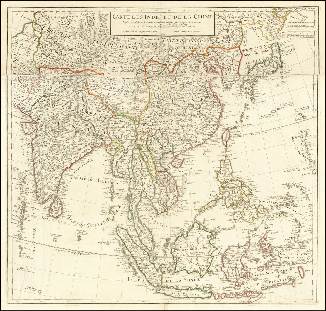 1705 års karta - Karta över Indien och Kina av Guillaume Delisle