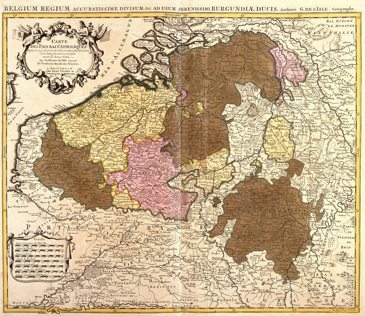 Karta över katolska Nederländerna (Belgien och Luxemburg) (etsning av Guillaume Delisle