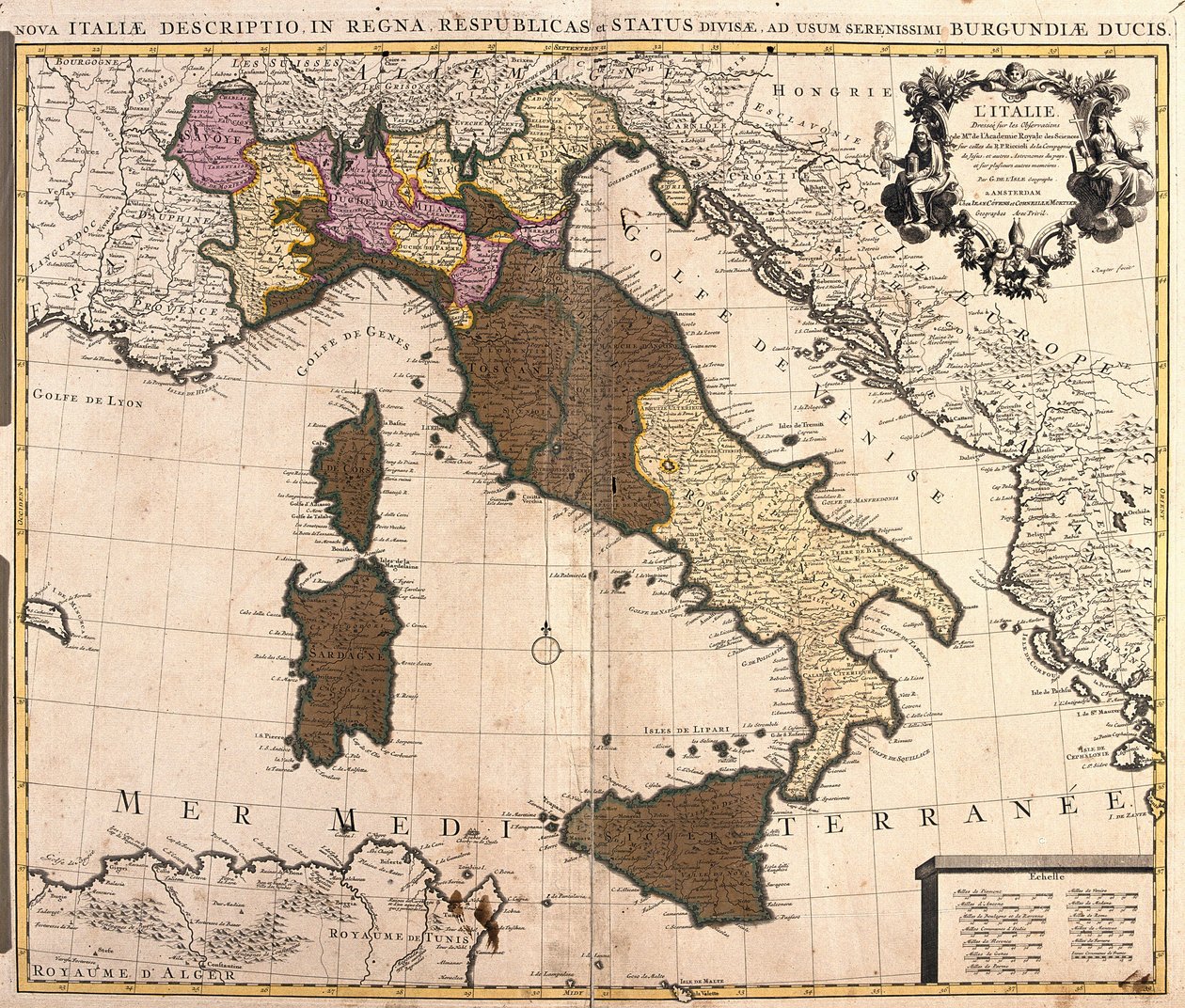 Karta över Italien, med Korsika, Sardinien och Sicilien (etsning av Guillaume Delisle