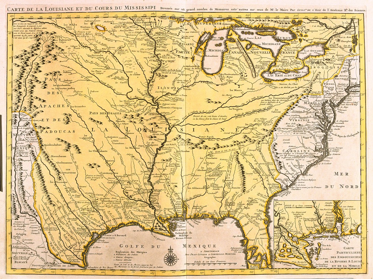 Karta över Louisiana (USA) och Mississippifloden (etsning av Guillaume Delisle