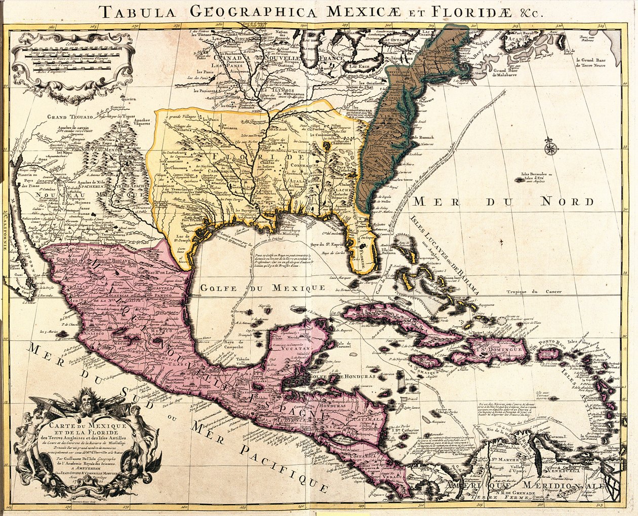 Karta över Mexiko och Florida (USA) med Karibiska öarna (Kuba, Haiti, Jamaica, Antillerna) (etsning av Guillaume Delisle