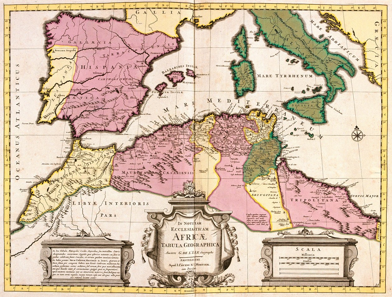 Karta över Nordafrika (Mauretanien, Marocko, Algeriet, Tunisien, Libyen) och Europa (Spanien, Portugal, Frankrike, Italien, Grekland med Balearerna, Sardinien, Korsika och Sicilien) (etsning) av Guillaume Delisle