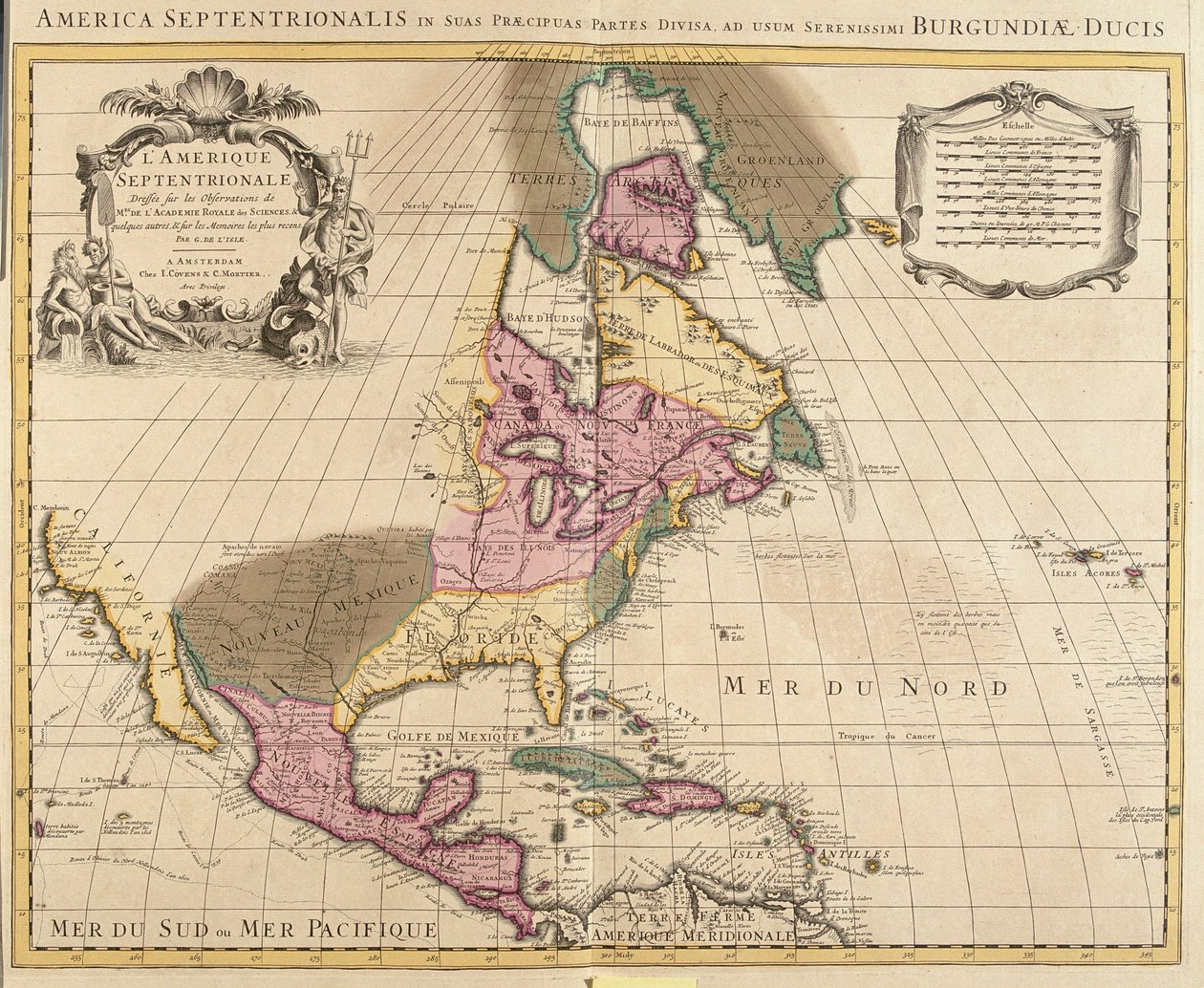 Karta över Nordamerika (Grönland, Kanada, USA, Mexiko och Karibiska öarna: Kuba, Haiti, Jamaica, Västindien) (etsning av Guillaume Delisle