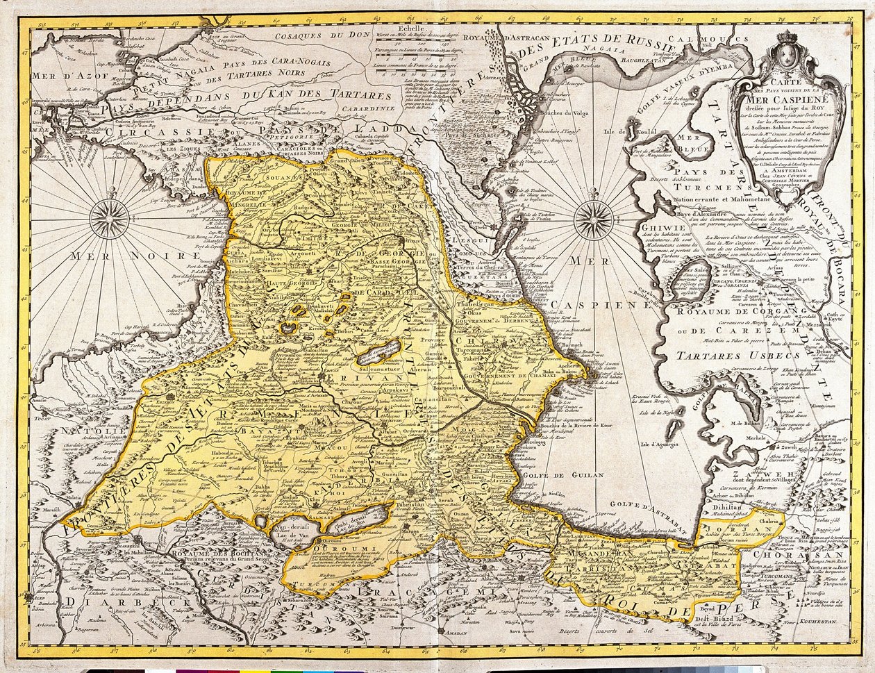 Karta över grannländerna i Kaspiska havet (Ryssland, Armenien, Persien, Kazakstan, Turkmenistan) (etsning av Guillaume Delisle
