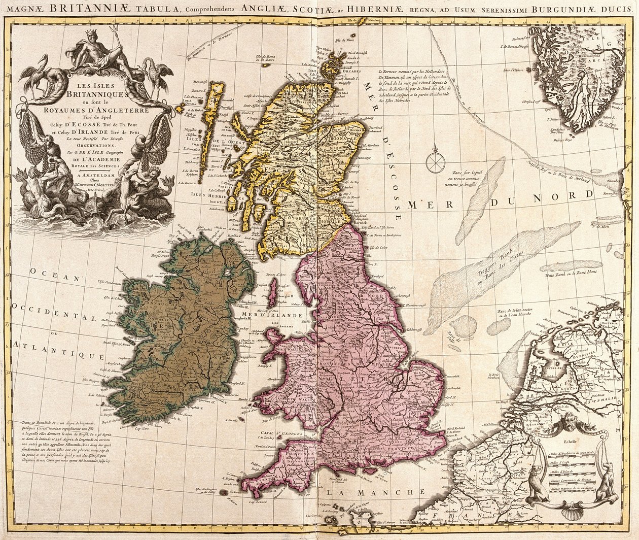 Karta över de brittiska öarna, kungadömena England, Skottland och Irland (etsning av Guillaume Delisle