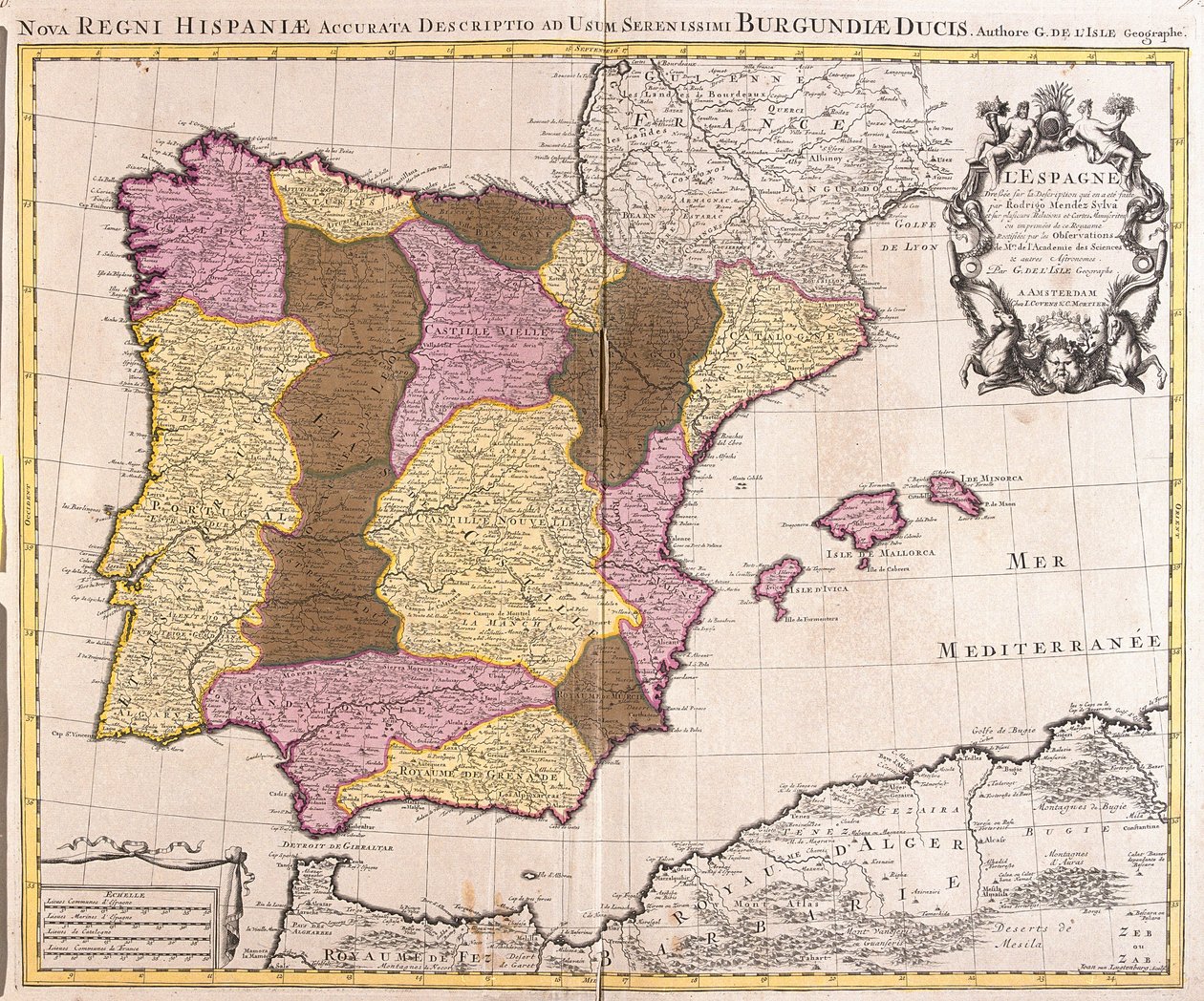 Karta över den iberiska halvön, kungariket Portugal och Spanien (etsning av Guillaume Delisle