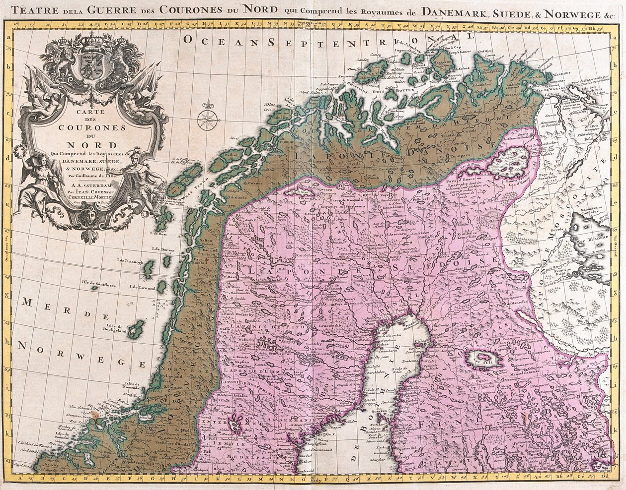 Karta över de nordiska länderna, kungadömena i Danmark, Sverige och Norge (etsning av Guillaume Delisle