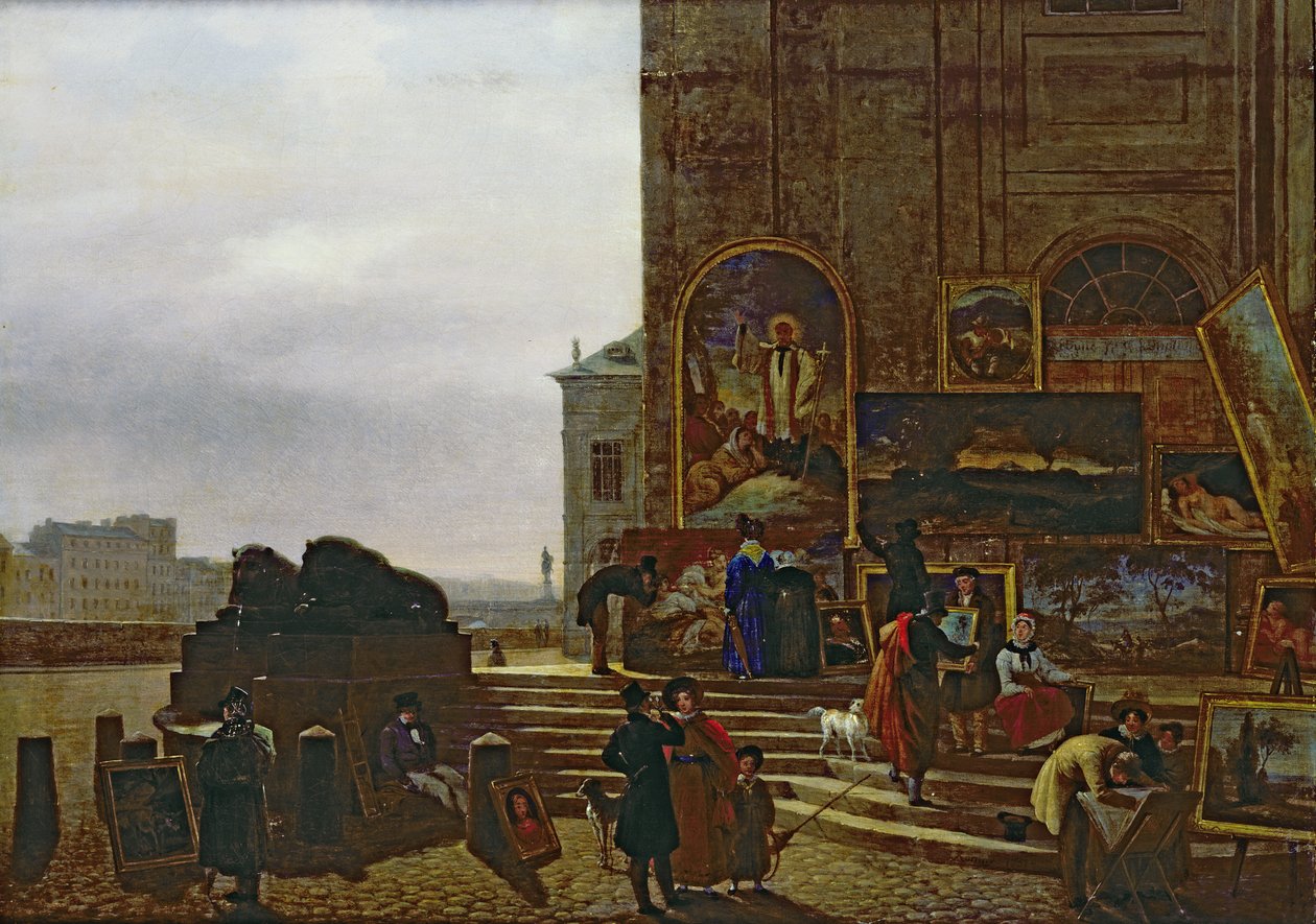Säljer tavlor utanför Institut de France, 1837 av Guillaume Frederic Ronmy