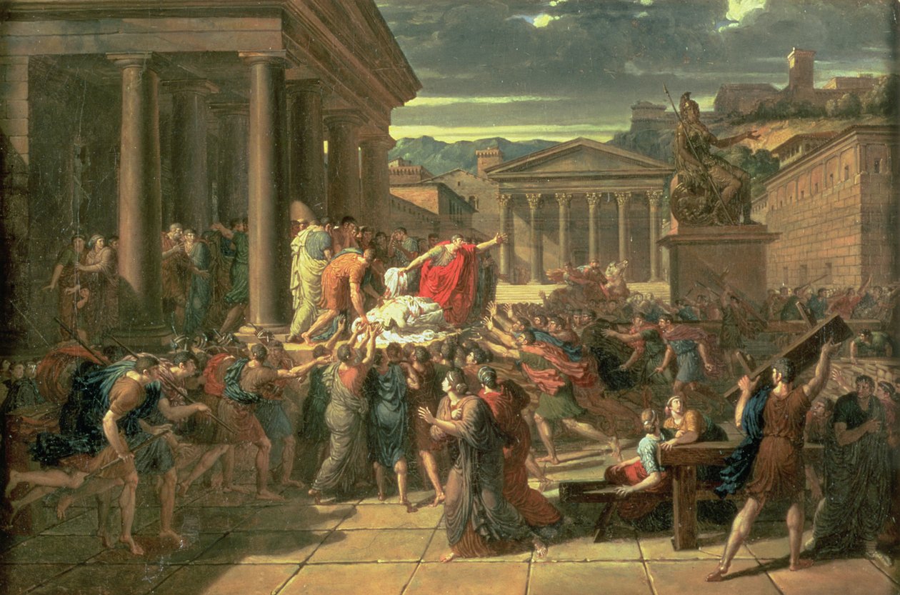 Caesars död (100-44 f.Kr.) (olja på papper) av Guillaume Guillon Lethière