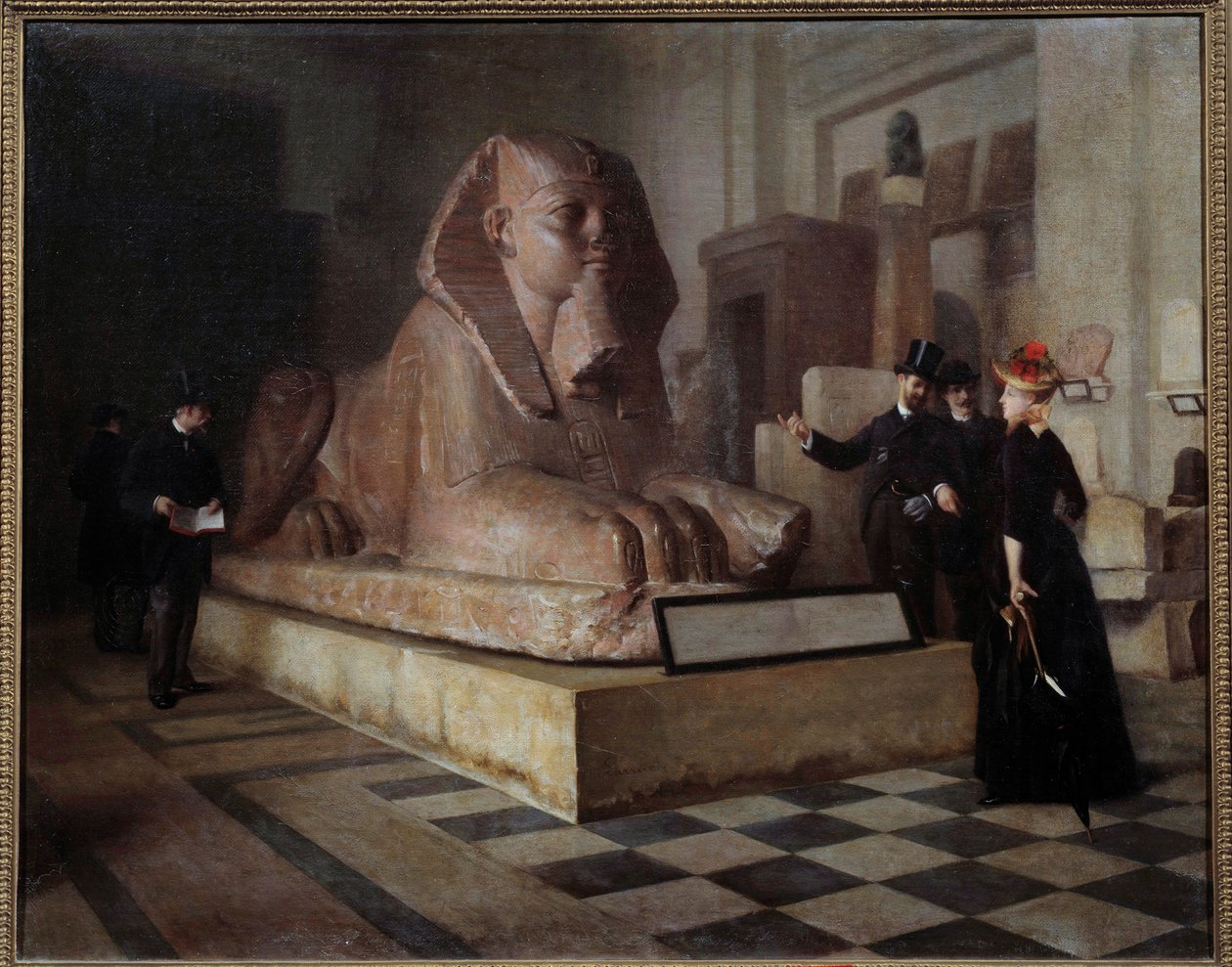 Egyptian Hall of the Louvren Besökare framför Grand Sphinx. Målning av Guillaume Larrue (1851-1935) av Guillaume Larrue