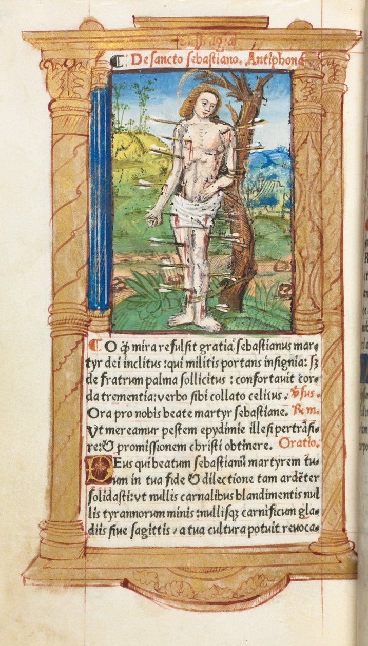 Tryckt timbok (Roms bruk): fol. 102v, S:t Sebastian av Guillaume Le Rouge