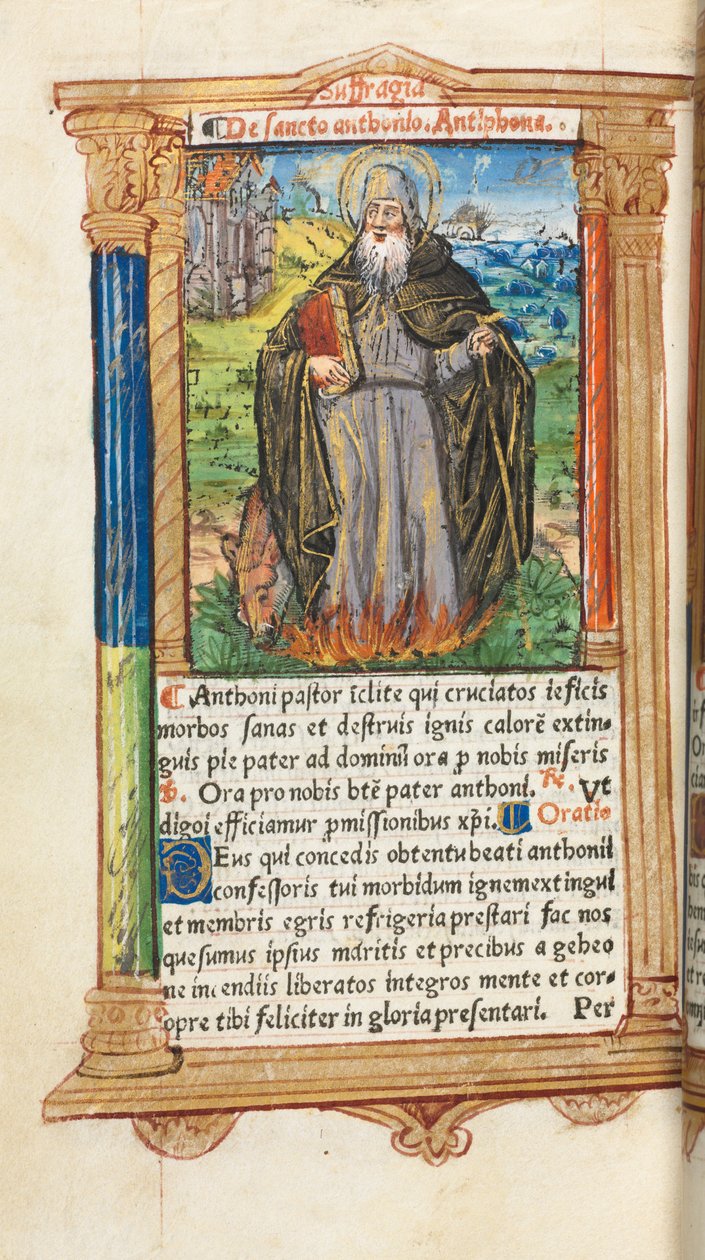 Tryckt timbok (användning i Rom): fol. 104v, S:t Antonius abbot av Guillaume Le Rouge