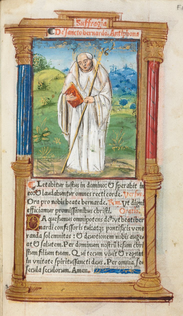 Tryckt timbok (användning i Rom): fol. 108r, S:t Bernard av Clairvaulx av Guillaume Le Rouge