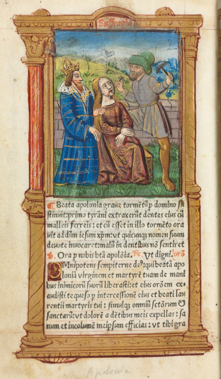 Tryckt timbok (användning i Rom): fol. 111v, S:t Apollonia av Guillaume Le Rouge